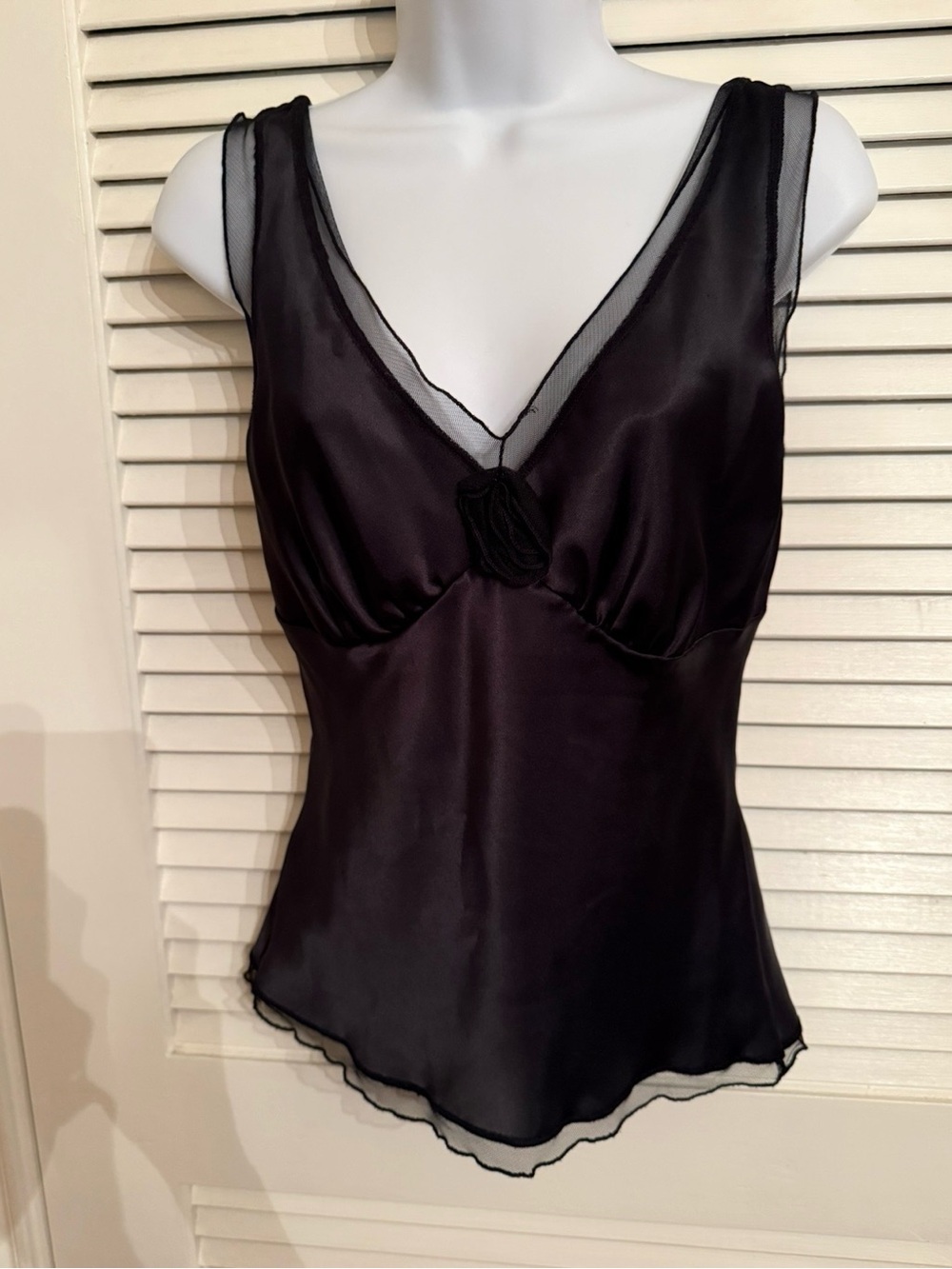 Papillon Blanc Black Polyester V-Neck Chemise Top with Sheer Trim Size PS